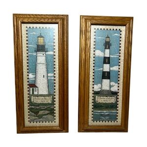 2 VTG Jay Zinn Crinkled Bodie Island -Portland Head Lighthouse Prints Wood Frame